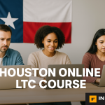 Diverse adults completing their Houston Online LTC course on laptop