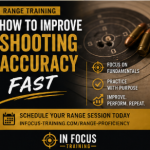 Handgun target with tight shot grouping showing improved shooting accuracy – In Focus Training