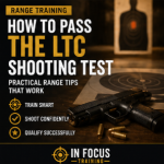 Texas LTC shooting test training at indoor range with handgun target - In Focus Training