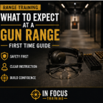 Indoor gun range setup with safety gear and shooting lanes for first-time shooters – In Focus Training